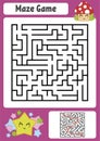 Abstract square maze. Kids worksheets. Game puzzle for children. Cute star and mushroom. One entrances, one exit. Labyrinth conund