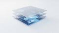 Abstract stack of transparent user interfaces displaying holographic data visualizations and interconnected technology on a white Royalty Free Stock Photo