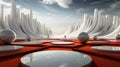 A abstract stage with spheres on it with surreal mountains