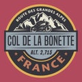 Abstract stamp or emblem with the name of Col de la Bonette, France Royalty Free Stock Photo