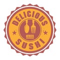 Abstract stamp or label with the text Delicious Sushi