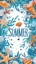 Abstract starfish, shell, seaweed and word 'SUMMER' in center. Colorful illustration