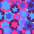 Abstract stars and circles seamless pattern. Violet, pink and blue colors. Royalty Free Stock Photo