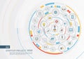 Abstract startup project, development background. Digital connect system with integrated circles, color flat icons.