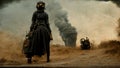 Abstract steampunk woman on destruction background. Fantasy picture, post apocalypse