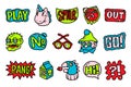 Abstract sticker. Cartoon psychedelic comic characters with funny faces, retro badges and sticker collection. Vector Royalty Free Stock Photo