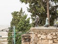 Abstract stone busts with heads on the roof by a local sculptor in the famous artists village Ein Hod near Haifa in northern