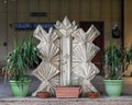 Abstract stone piece by unidentified artist in front of the Grapevine Foundry in the historic district of Grapevine, Texas.