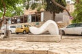 Abstract stone sculpture by a local artist in the famous artists village Ein Hod near Haifa in northern Israel