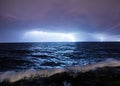 abstract storm over wavy sea with lighting, overcast, bad weather created with generative ai technology Royalty Free Stock Photo