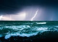 abstract storm over wavy sea with lighting, overcast, bad weather created with generative ai technology Royalty Free Stock Photo