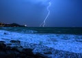 abstract storm over wavy sea with lighting, overcast, bad weather created with generative ai technology Royalty Free Stock Photo