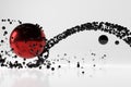 Abstract stream of black glossy spherical particles reflected from a large red metal sphere. Scifi 3d illustration with