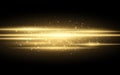 Abstract stylish light effect on a black background. Gold glowing neon lines in motion. Golden luminous dust and glares. Flash Lig