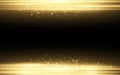 Abstract stylish light effect on a black background. Gold glowing neon lines in motion. Golden luminous dust and glares. Flash Lig Royalty Free Stock Photo