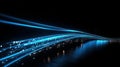 Abstract stylish light trail on black background. Blue glowing neon lines effect illustration. generative AI. Royalty Free Stock Photo