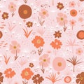 Abstract stylized flowers seamless vector doodle background red white pink. Flowers and leaves repeating pattern in Royalty Free Stock Photo