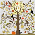 Abstract stylized tree with birds, insect and fruit Royalty Free Stock Photo