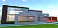 Abstract suburban house made of concrete and glass iluminated in turquoise and scarlet. 3d rendering Royalty Free Stock Photo