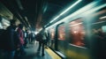 Abstract subway station. Moving fast in a blur. Train speed and people using public transportation. New York City metro.