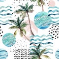 Art illustration with palm tree, doodle and marble grunge textures. Royalty Free Stock Photo