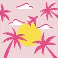 Abstract summer background. Banner pink palm trees on the background of the sun. Vector flat illustration of summer, palm trees, Royalty Free Stock Photo