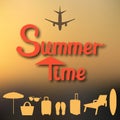 Abstract summer background in a blurry sunset and with lettering Summer time and silhouettes of the plane, suitcase, parasol, chai Royalty Free Stock Photo