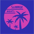 Abstract summer background. Bright banner summer nights. Pink silhouette of palm trees on blue background. Vector flat Royalty Free Stock Photo