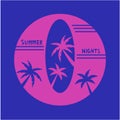 Abstract summer background. Bright banner summer nights. Pink silhouette of palm trees on blue background. Vector flat Royalty Free Stock Photo