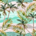 Abstract summer beach background. Art illustration with watercolor palm trees, palm leaves, doodles and grunge textures