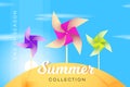 Abstract Summer Collection Banner With Multicolored Paper Windmill. Advetising Vector Illustration