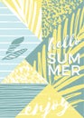 Abstract summer composition with hand drawn vintage texture and geometric elements.