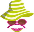 Abstract summer face made of beach accessories with sun hat, sun glasses, and slice of watermelon