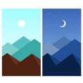 Abstract summer flat mountain landscape. Daytime, night. Wallpaper for mobile device