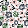 Abstract summer florals on geometric grid seamless vector pattern. Modern repeating background with exotic flowers and Royalty Free Stock Photo