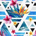 Abstract summer geometric seamless pattern with exotic flowers Royalty Free Stock Photo