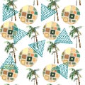 Abstract summer geometric seamless pattern. Watercolor palm tree Royalty Free Stock Photo