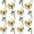 Abstract summer geometric seamless pattern. Watercolor palm tree, circles background. Water color floral, minimal elements. Hand p Royalty Free Stock Photo