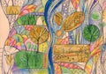 Abstract summer landscape with river, hills, forest, field. Multicolored ornament drawn with pencils and paints