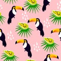 Abstract summer pattern with cute toucan, papaya and palm leaves on pink background.