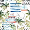 Watercolor sailboat, ship, palm tree, leaves, grunge textures, doodles, brush strokes.