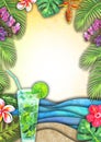 Abstract summer watercolor sea wave, sand beach, tropical plants, mojito cocktails background