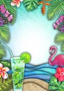 Abstract summer watercolor sea wave, sand beach, tropical plants, mojito, flamingo background Royalty Free Stock Photo