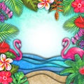 Abstract summer watercolor sea wave, sand beach, tropical plants, pink flamingo background Royalty Free Stock Photo