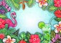 Abstract summer watercolor tropical paradise. Hand drawn colorful paper tropic plants, pink flamingo