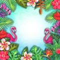 Abstract summer watercolor tropical paradise. Hand drawn colorful paper tropic plants, pink flamingo