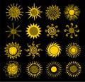 Abstract sun line icons. Hand drawn sunshine objects. Suns symbols, summer sunshine outline illustrations, spring or