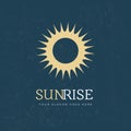Abstract Sun Logo. Gold Sunrise Icon with twirl Rays. Stock vector illustration isolated on blue background. Royalty Free Stock Photo
