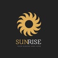 Abstract Sun Logo. Gold Sunrise Icon with twirl Rays. Stock vector illustration isolated on dark background. Royalty Free Stock Photo