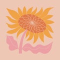 Abstract sunflower poster in groovy trippy funky style. Organic flower shapes aesthetic wall art in trendy pink pallete.